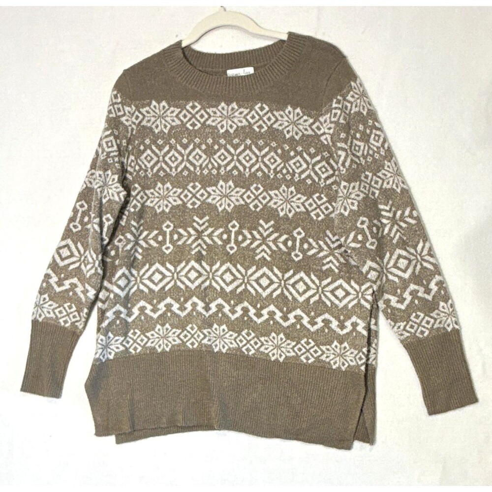 Grace & Lace Women's Sz L Fair Isle Caribou Brown BAMBOO Snowflake Sweater SOFT!